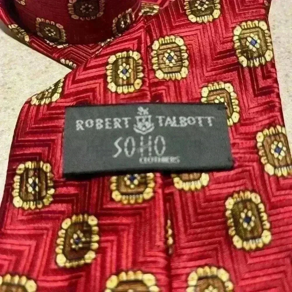 Robert Talbott Silk Necktie Red  Gold Square Print Handsewn - Picture 6 of 8